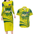Personalized Australia Swimming Champion Couples Matching Long Sleeve Bodycon Dress and Hawaiian Shirt Freestyle Swimmer With Swirling Wave And Cultural Patterns