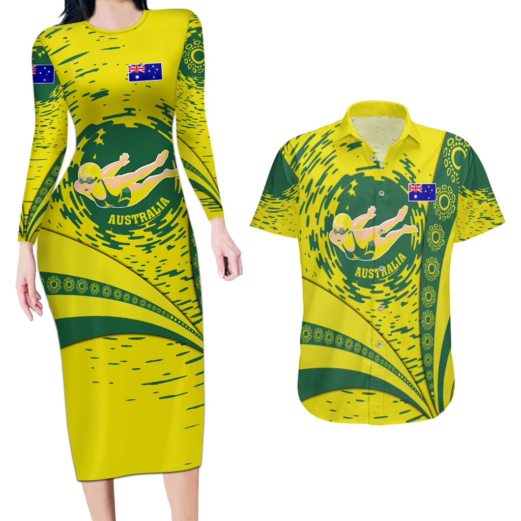 Personalized Australia Swimming Champion Couples Matching Long Sleeve Bodycon Dress and Hawaiian Shirt Freestyle Swimmer With Swirling Wave And Cultural Patterns