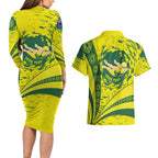 Personalized Australia Swimming Champion Couples Matching Long Sleeve Bodycon Dress and Hawaiian Shirt Freestyle Swimmer With Swirling Wave And Cultural Patterns