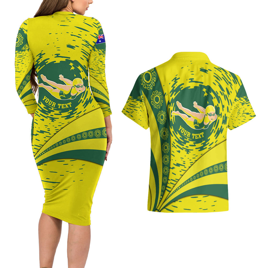 Personalized Australia Swimming Champion Couples Matching Long Sleeve Bodycon Dress and Hawaiian Shirt Freestyle Swimmer With Swirling Wave And Cultural Patterns