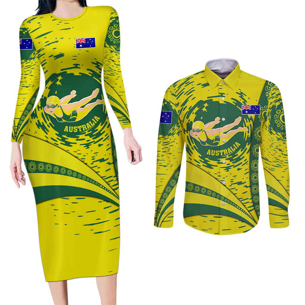 Personalized Australia Swimming Champion Couples Matching Long Sleeve Bodycon Dress and Long Sleeve Button Shirt Freestyle Swimmer With Swirling Wave And Cultural Patterns