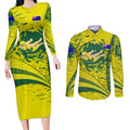 Personalized Australia Swimming Champion Couples Matching Long Sleeve Bodycon Dress and Long Sleeve Button Shirt Freestyle Swimmer With Swirling Wave And Cultural Patterns