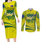 Personalized Australia Swimming Champion Couples Matching Long Sleeve Bodycon Dress and Long Sleeve Button Shirt Freestyle Swimmer With Swirling Wave And Cultural Patterns