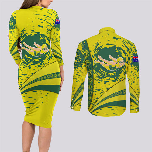 Personalized Australia Swimming Champion Couples Matching Long Sleeve Bodycon Dress and Long Sleeve Button Shirt Freestyle Swimmer With Swirling Wave And Cultural Patterns