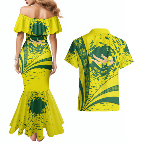 Personalized Australia Swimming Champion Couples Matching Mermaid Dress and Hawaiian Shirt Freestyle Swimmer With Swirling Wave And Cultural Patterns