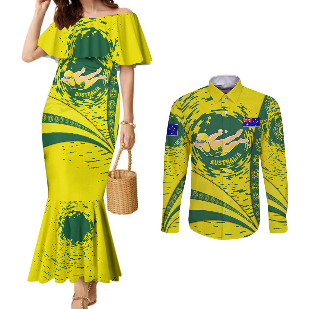 Personalized Australia Swimming Champion Couples Matching Mermaid Dress and Long Sleeve Button Shirt Freestyle Swimmer With Swirling Wave And Cultural Patterns