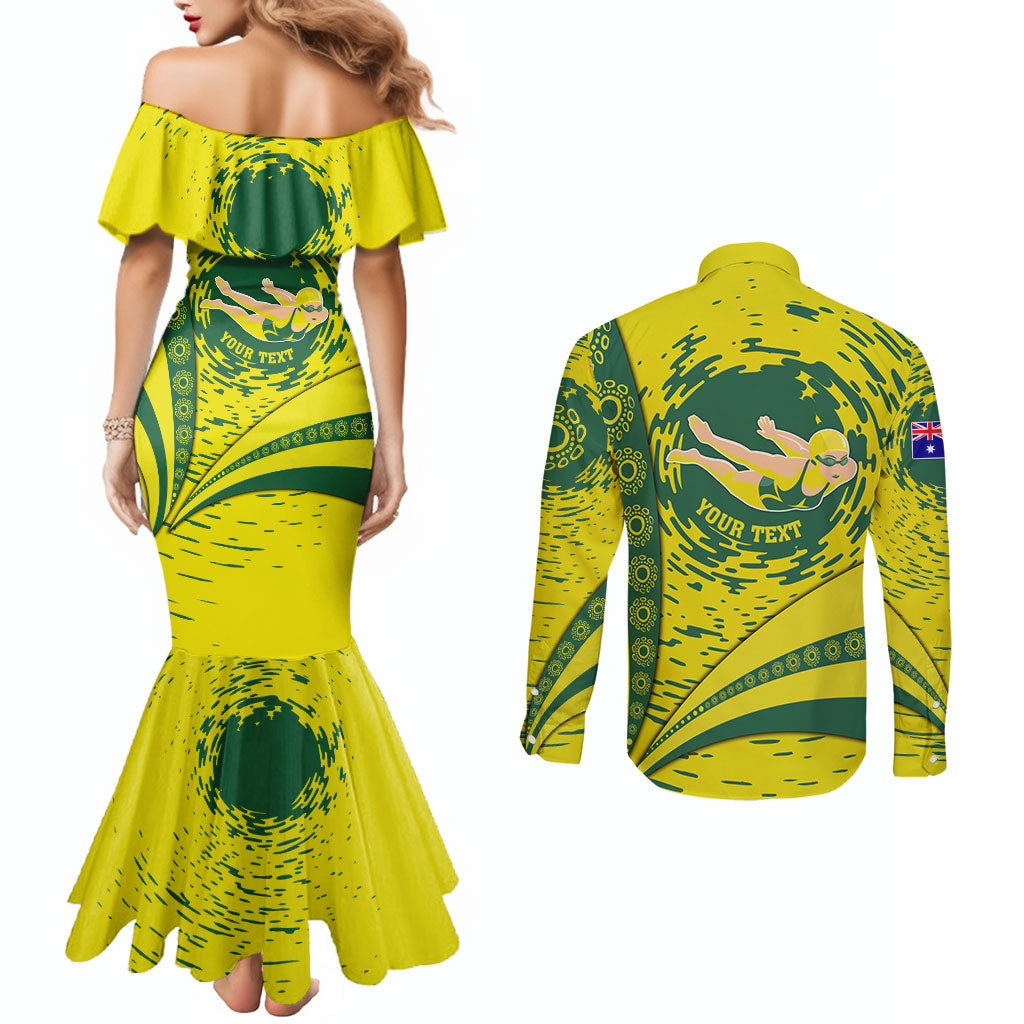 Personalized Australia Swimming Champion Couples Matching Mermaid Dress and Long Sleeve Button Shirt Freestyle Swimmer With Swirling Wave And Cultural Patterns