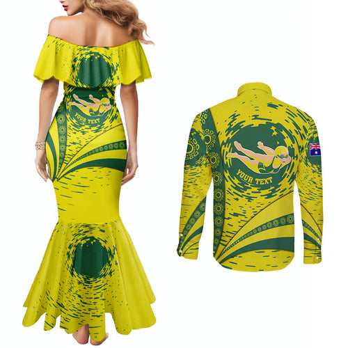 Personalized Australia Swimming Champion Couples Matching Mermaid Dress and Long Sleeve Button Shirt Freestyle Swimmer With Swirling Wave And Cultural Patterns