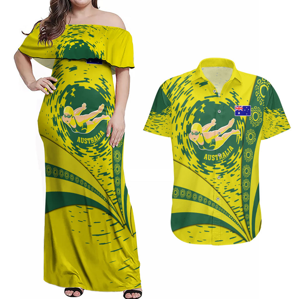 Personalized Australia Swimming Champion Couples Matching Off Shoulder Maxi Dress and Hawaiian Shirt Freestyle Swimmer With Swirling Wave And Cultural Patterns