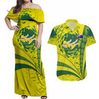 Personalized Australia Swimming Champion Couples Matching Off Shoulder Maxi Dress and Hawaiian Shirt Freestyle Swimmer With Swirling Wave And Cultural Patterns