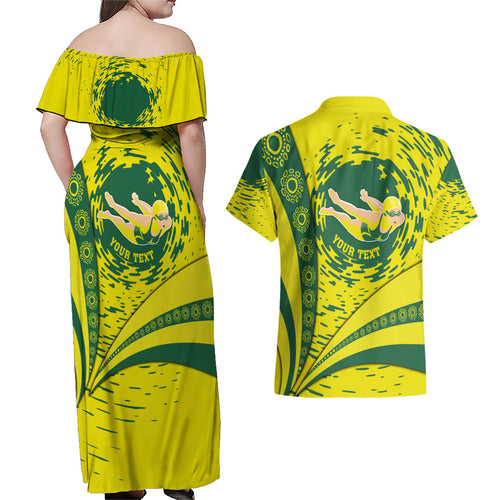 Personalized Australia Swimming Champion Couples Matching Off Shoulder Maxi Dress and Hawaiian Shirt Freestyle Swimmer With Swirling Wave And Cultural Patterns