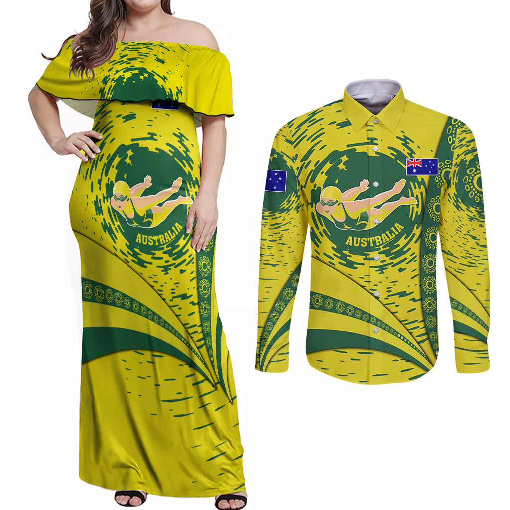 Personalized Australia Swimming Champion Couples Matching Off Shoulder Maxi Dress and Long Sleeve Button Shirt Freestyle Swimmer With Swirling Wave And Cultural Patterns