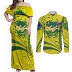 Personalized Australia Swimming Champion Couples Matching Off Shoulder Maxi Dress and Long Sleeve Button Shirt Freestyle Swimmer With Swirling Wave And Cultural Patterns