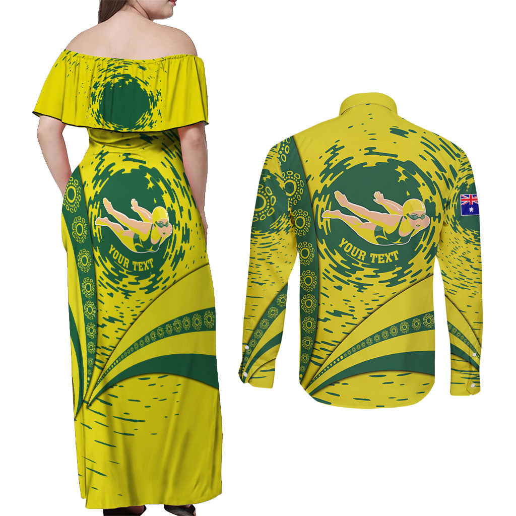 Personalized Australia Swimming Champion Couples Matching Off Shoulder Maxi Dress and Long Sleeve Button Shirt Freestyle Swimmer With Swirling Wave And Cultural Patterns