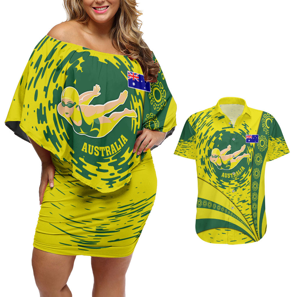 Personalized Australia Swimming Champion Couples Matching Off Shoulder Short Dress and Hawaiian Shirt Freestyle Swimmer With Swirling Wave And Cultural Patterns
