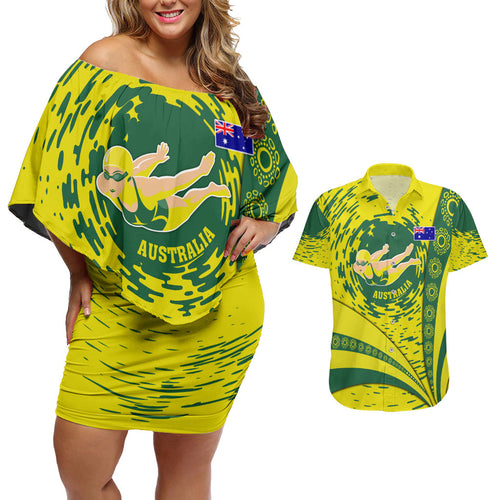 Personalized Australia Swimming Champion Couples Matching Off Shoulder Short Dress and Hawaiian Shirt Freestyle Swimmer With Swirling Wave And Cultural Patterns