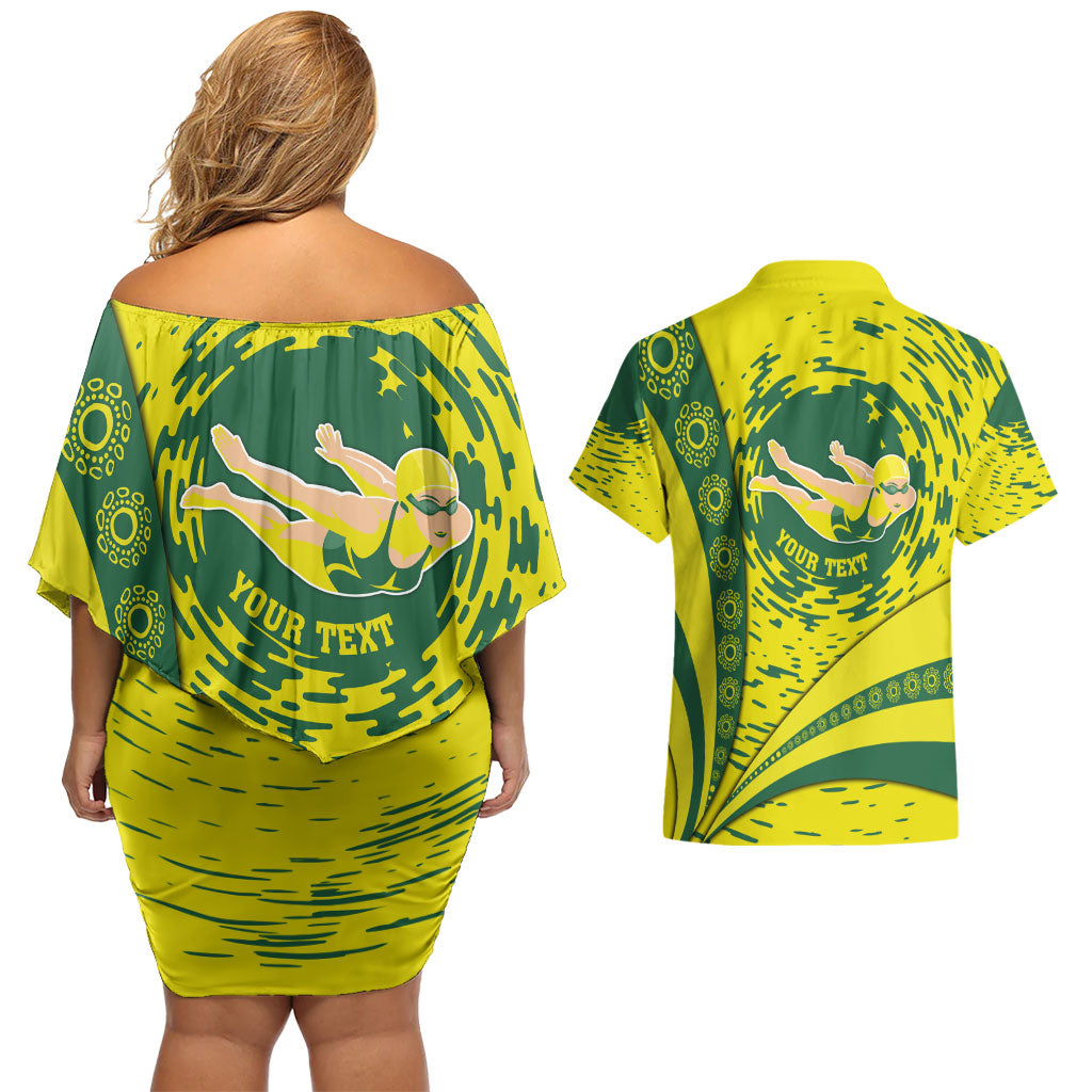 Personalized Australia Swimming Champion Couples Matching Off Shoulder Short Dress and Hawaiian Shirt Freestyle Swimmer With Swirling Wave And Cultural Patterns