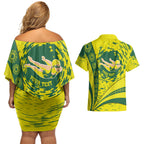 Personalized Australia Swimming Champion Couples Matching Off Shoulder Short Dress and Hawaiian Shirt Freestyle Swimmer With Swirling Wave And Cultural Patterns