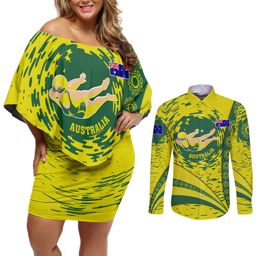 Personalized Australia Swimming Champion Couples Matching Off Shoulder Short Dress and Long Sleeve Button Shirt Freestyle Swimmer With Swirling Wave And Cultural Patterns