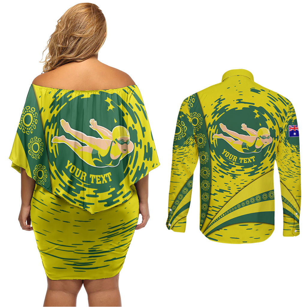 Personalized Australia Swimming Champion Couples Matching Off Shoulder Short Dress and Long Sleeve Button Shirt Freestyle Swimmer With Swirling Wave And Cultural Patterns