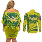 Personalized Australia Swimming Champion Couples Matching Off Shoulder Short Dress and Long Sleeve Button Shirt Freestyle Swimmer With Swirling Wave And Cultural Patterns