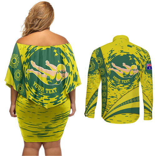 Personalized Australia Swimming Champion Couples Matching Off Shoulder Short Dress and Long Sleeve Button Shirt Freestyle Swimmer With Swirling Wave And Cultural Patterns