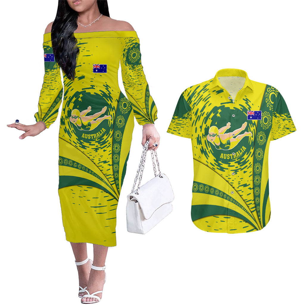 Personalized Australia Swimming Champion Couples Matching Off The Shoulder Long Sleeve Dress and Hawaiian Shirt Freestyle Swimmer With Swirling Wave And Cultural Patterns