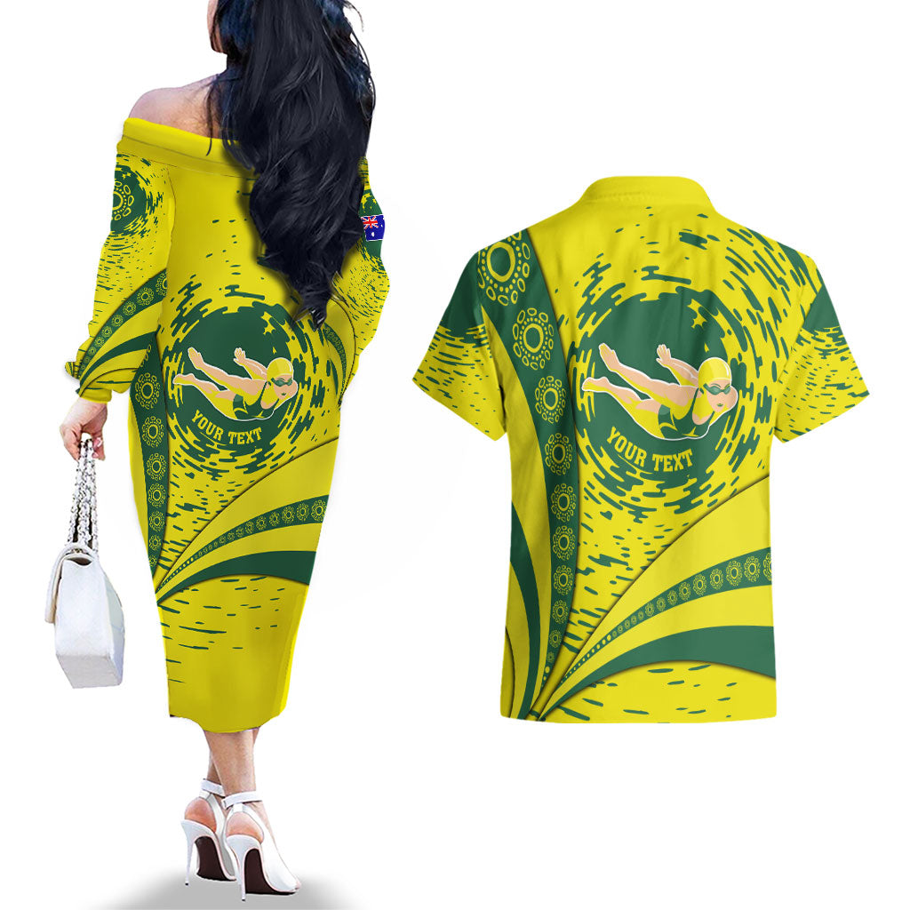 Personalized Australia Swimming Champion Couples Matching Off The Shoulder Long Sleeve Dress and Hawaiian Shirt Freestyle Swimmer With Swirling Wave And Cultural Patterns