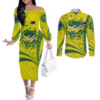 Personalized Australia Swimming Champion Couples Matching Off The Shoulder Long Sleeve Dress and Long Sleeve Button Shirt Freestyle Swimmer With Swirling Wave And Cultural Patterns