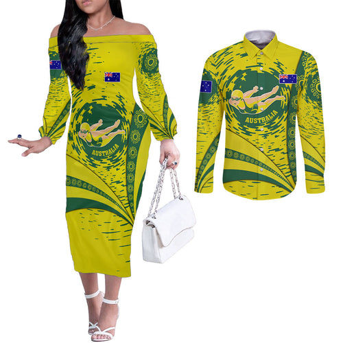 Personalized Australia Swimming Champion Couples Matching Off The Shoulder Long Sleeve Dress and Long Sleeve Button Shirt Freestyle Swimmer With Swirling Wave And Cultural Patterns