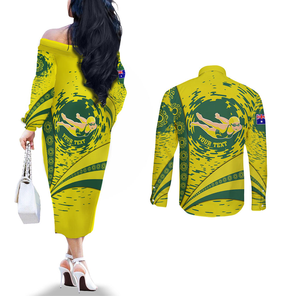 Personalized Australia Swimming Champion Couples Matching Off The Shoulder Long Sleeve Dress and Long Sleeve Button Shirt Freestyle Swimmer With Swirling Wave And Cultural Patterns