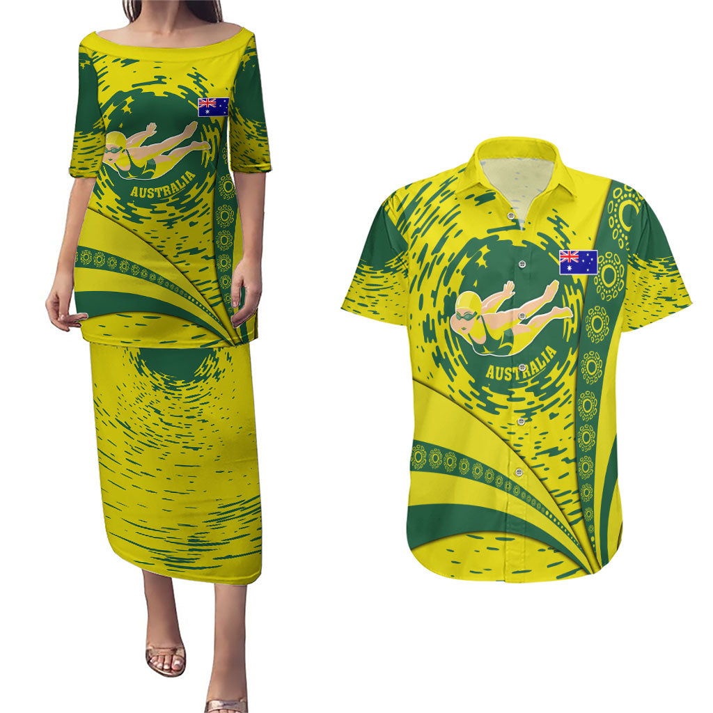 Personalized Australia Swimming Champion Couples Matching Puletasi and Hawaiian Shirt Freestyle Swimmer With Swirling Wave And Cultural Patterns