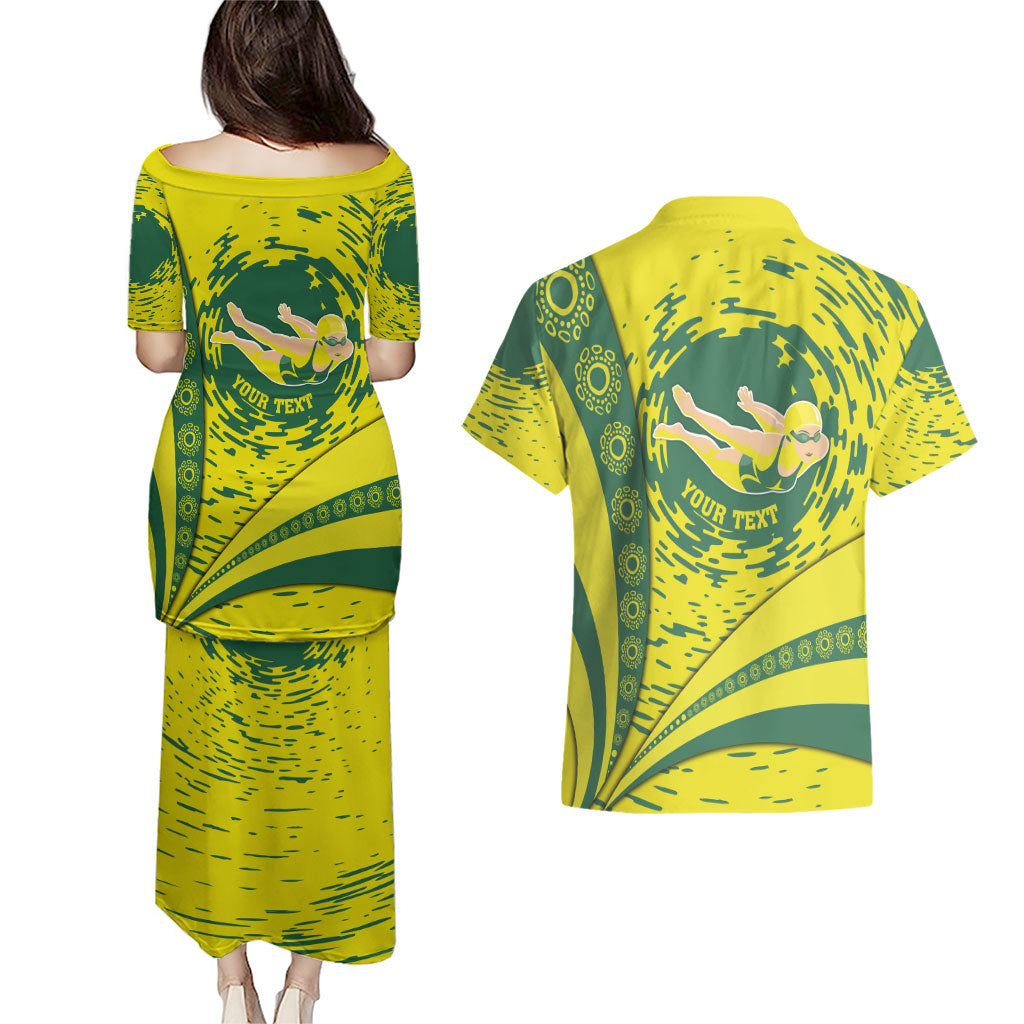 Personalized Australia Swimming Champion Couples Matching Puletasi and Hawaiian Shirt Freestyle Swimmer With Swirling Wave And Cultural Patterns