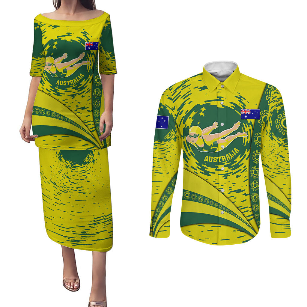 Personalized Australia Swimming Champion Couples Matching Puletasi and Long Sleeve Button Shirt Freestyle Swimmer With Swirling Wave And Cultural Patterns