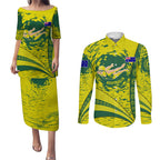 Personalized Australia Swimming Champion Couples Matching Puletasi and Long Sleeve Button Shirt Freestyle Swimmer With Swirling Wave And Cultural Patterns