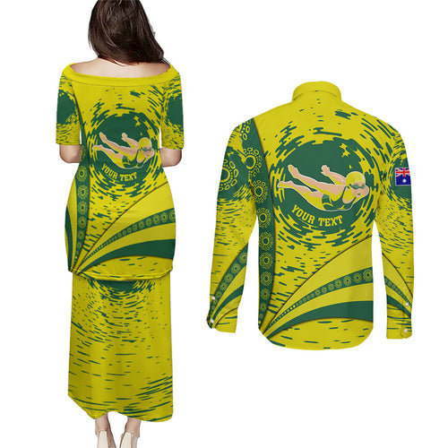 Personalized Australia Swimming Champion Couples Matching Puletasi and Long Sleeve Button Shirt Freestyle Swimmer With Swirling Wave And Cultural Patterns