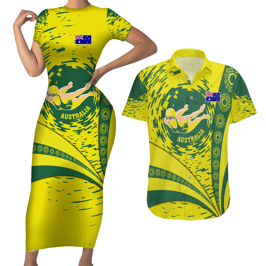 Personalized Australia Swimming Champion Couples Matching Short Sleeve Bodycon Dress and Hawaiian Shirt Freestyle Swimmer With Swirling Wave And Cultural Patterns