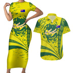 Personalized Australia Swimming Champion Couples Matching Short Sleeve Bodycon Dress and Hawaiian Shirt Freestyle Swimmer With Swirling Wave And Cultural Patterns