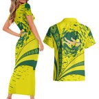 Personalized Australia Swimming Champion Couples Matching Short Sleeve Bodycon Dress and Hawaiian Shirt Freestyle Swimmer With Swirling Wave And Cultural Patterns