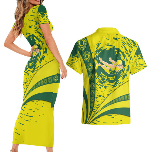 Personalized Australia Swimming Champion Couples Matching Short Sleeve Bodycon Dress and Hawaiian Shirt Freestyle Swimmer With Swirling Wave And Cultural Patterns