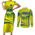 Personalized Australia Swimming Champion Couples Matching Short Sleeve Bodycon Dress and Long Sleeve Button Shirt Freestyle Swimmer With Swirling Wave And Cultural Patterns