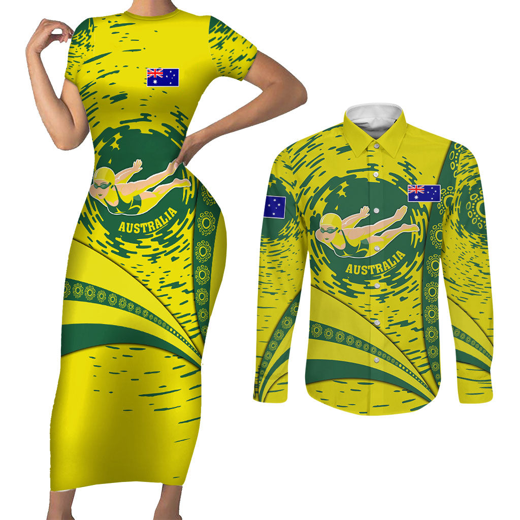 Personalized Australia Swimming Champion Couples Matching Short Sleeve Bodycon Dress and Long Sleeve Button Shirt Freestyle Swimmer With Swirling Wave And Cultural Patterns