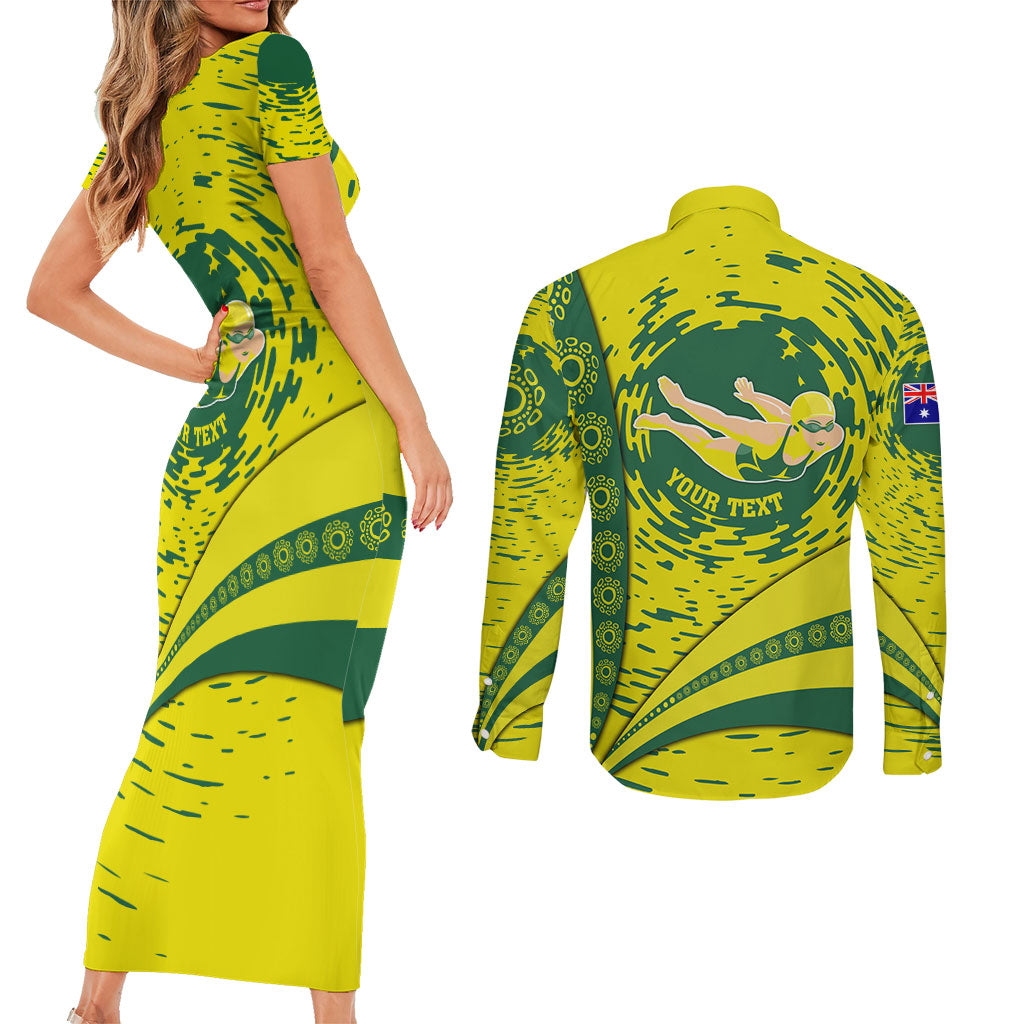 Personalized Australia Swimming Champion Couples Matching Short Sleeve Bodycon Dress and Long Sleeve Button Shirt Freestyle Swimmer With Swirling Wave And Cultural Patterns