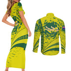 Personalized Australia Swimming Champion Couples Matching Short Sleeve Bodycon Dress and Long Sleeve Button Shirt Freestyle Swimmer With Swirling Wave And Cultural Patterns