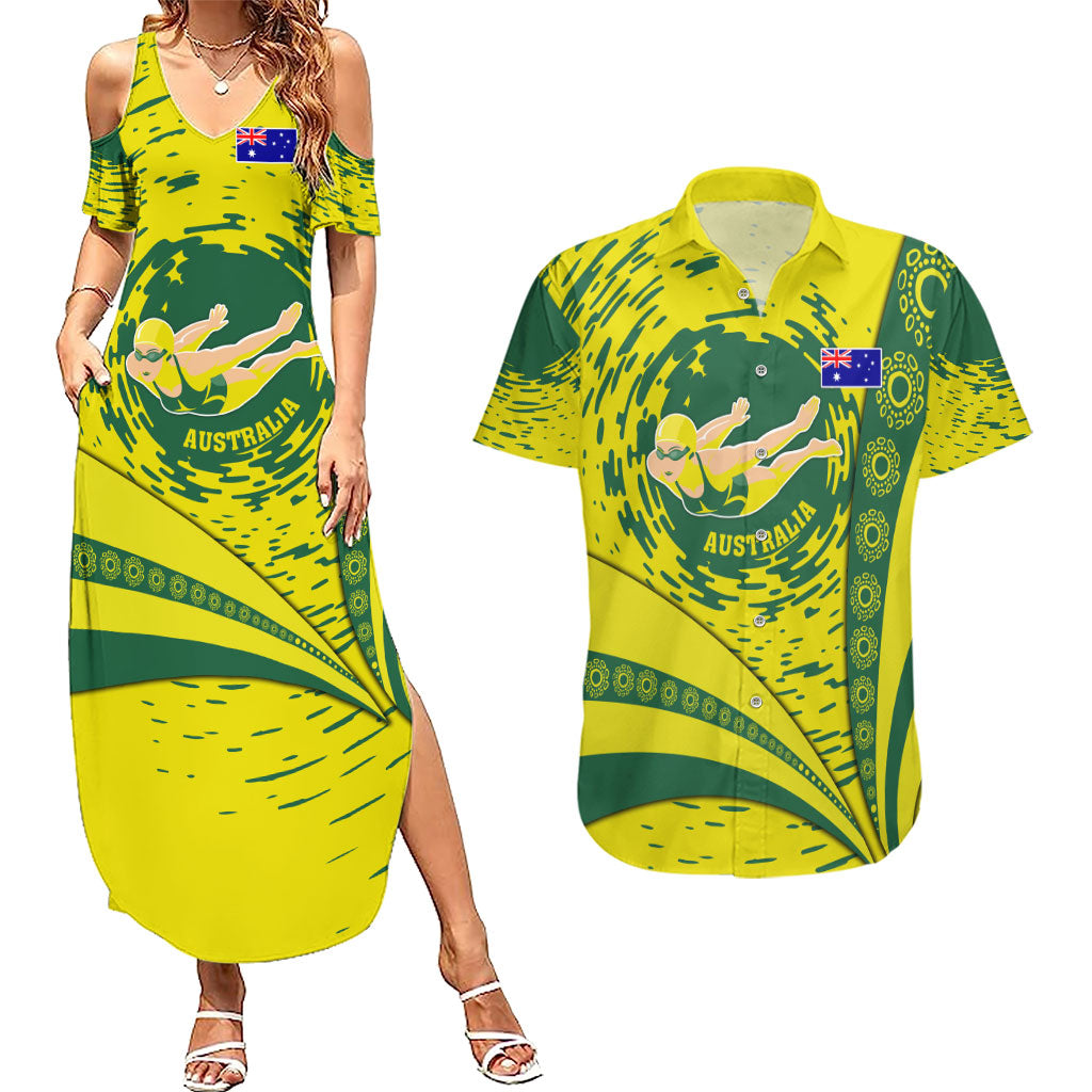 Personalized Australia Swimming Champion Couples Matching Summer Maxi Dress and Hawaiian Shirt Freestyle Swimmer With Swirling Wave And Cultural Patterns