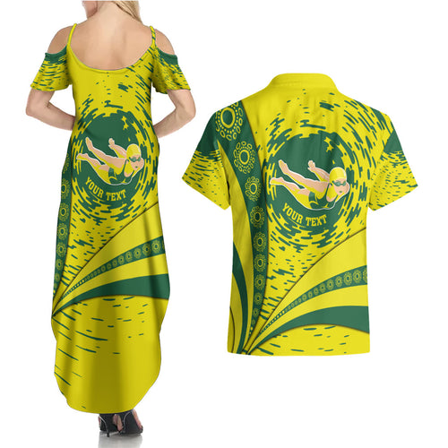 Personalized Australia Swimming Champion Couples Matching Summer Maxi Dress and Hawaiian Shirt Freestyle Swimmer With Swirling Wave And Cultural Patterns