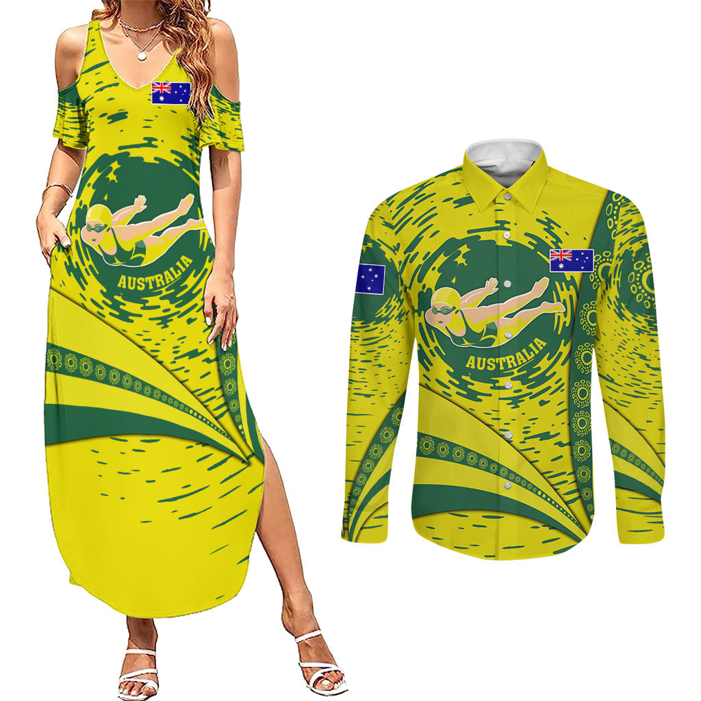 Personalized Australia Swimming Champion Couples Matching Summer Maxi Dress and Long Sleeve Button Shirt Freestyle Swimmer With Swirling Wave And Cultural Patterns