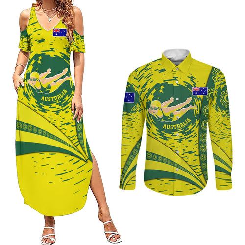 Personalized Australia Swimming Champion Couples Matching Summer Maxi Dress and Long Sleeve Button Shirt Freestyle Swimmer With Swirling Wave And Cultural Patterns
