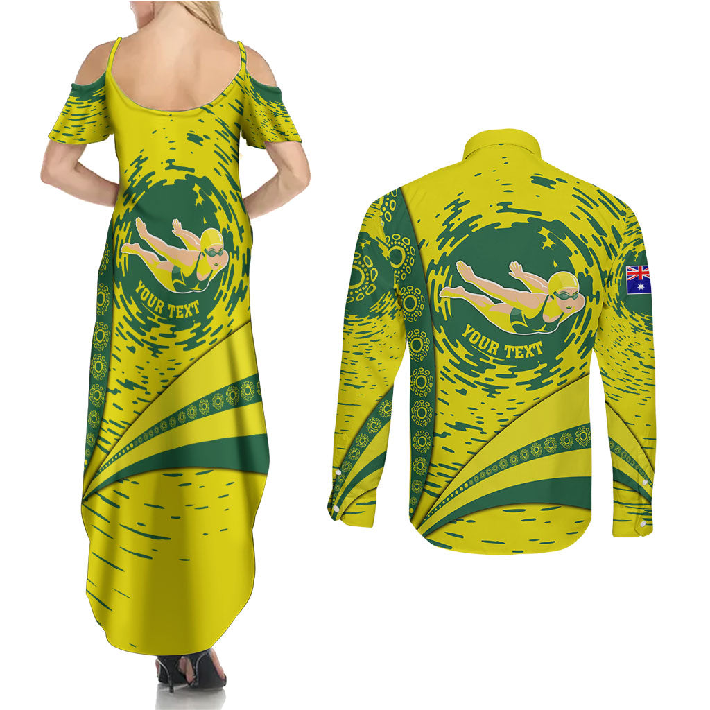 Personalized Australia Swimming Champion Couples Matching Summer Maxi Dress and Long Sleeve Button Shirt Freestyle Swimmer With Swirling Wave And Cultural Patterns
