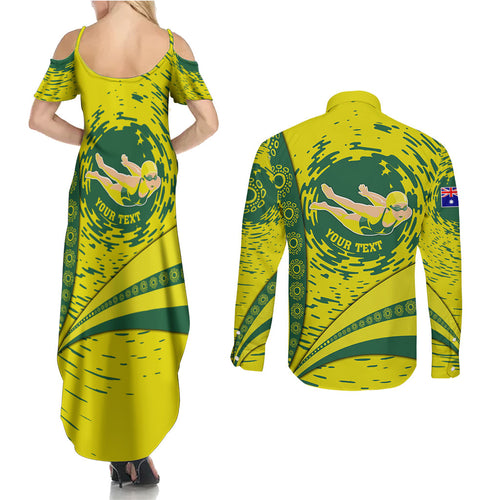 Personalized Australia Swimming Champion Couples Matching Summer Maxi Dress and Long Sleeve Button Shirt Freestyle Swimmer With Swirling Wave And Cultural Patterns